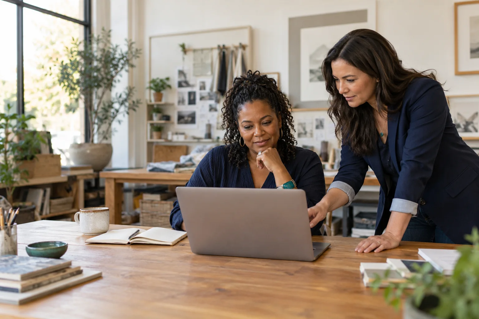 Illustrative scene of a business owner and consultant reviewing a laptop together